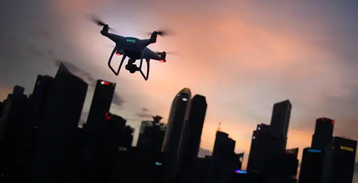 A drone flying over a city.